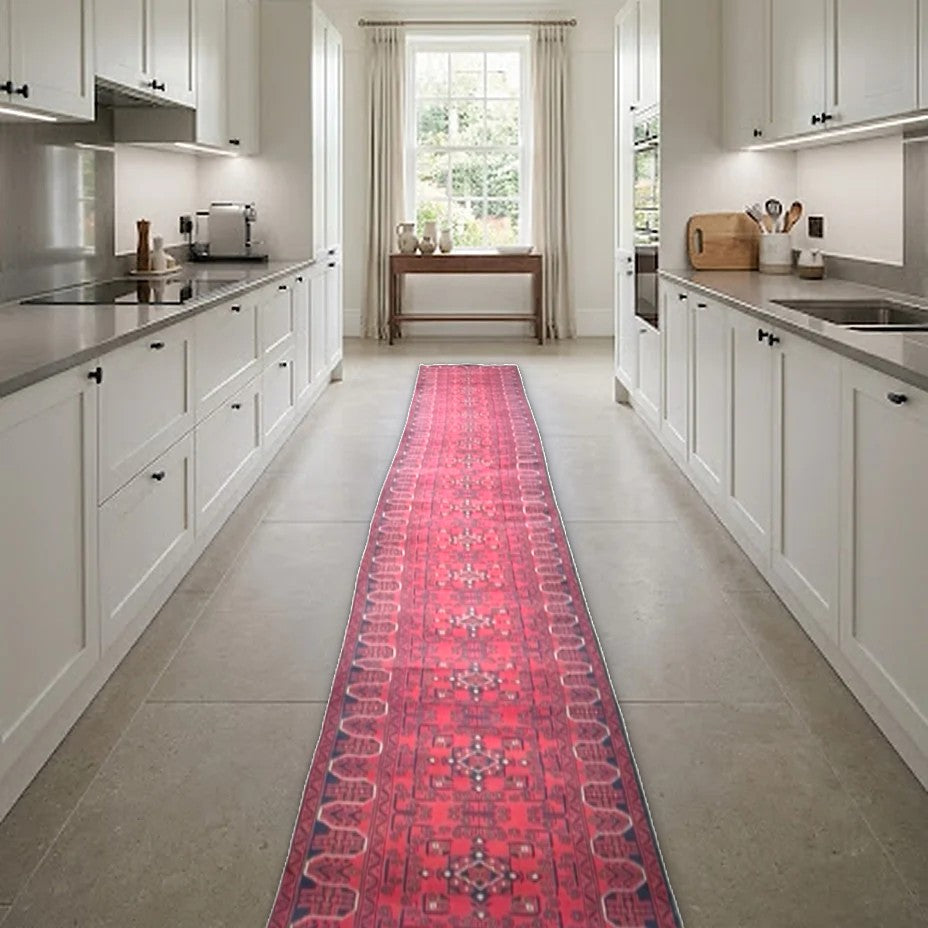 Room view: the rug on the floor of a furnished room, shown at its real size
