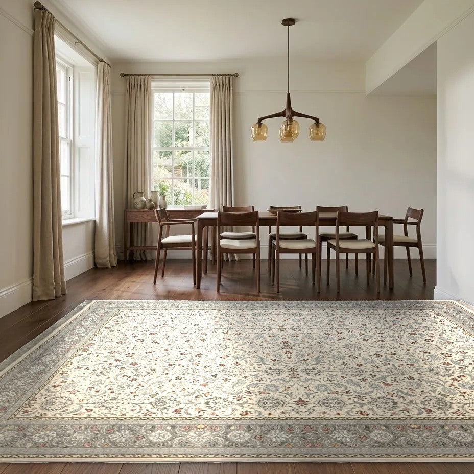 Room view: the rug on the floor of a furnished room, shown at its real size