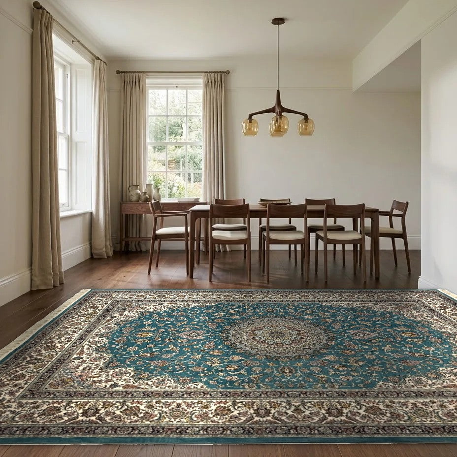 Room view: the rug on the floor of a furnished room, shown at its real size