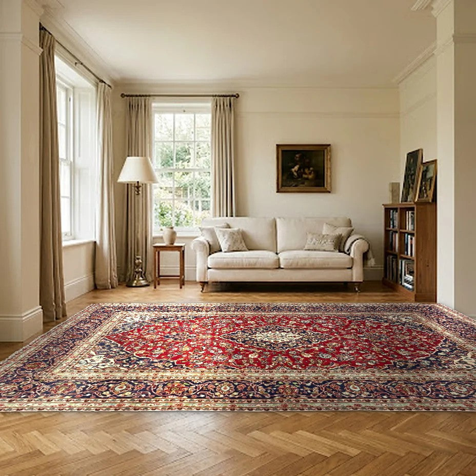 Room view: the rug on the floor of a furnished room, shown at its real size