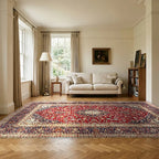 Room view: the rug on the floor of a furnished room, shown at its real size
