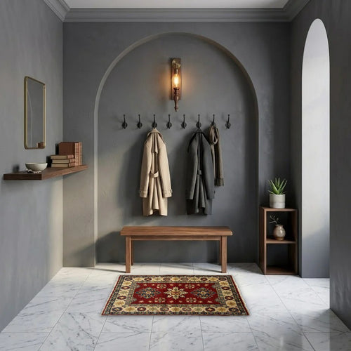 Room view: the rug on the floor of a furnished room, shown at its real size