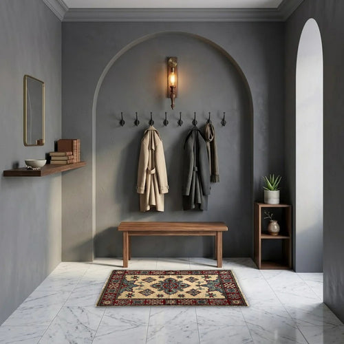 Room view: the rug on the floor of a furnished room, shown at its real size