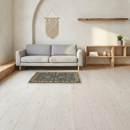 Room view: the rug on the floor of a furnished room, shown at its real size