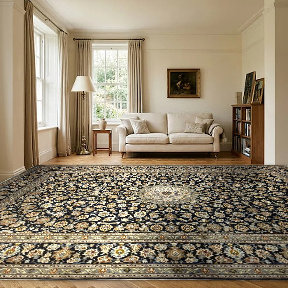 Room view: the rug on the floor of a furnished room, shown at its real size