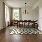 Room view: the rug on the floor of a furnished room, shown at its real size