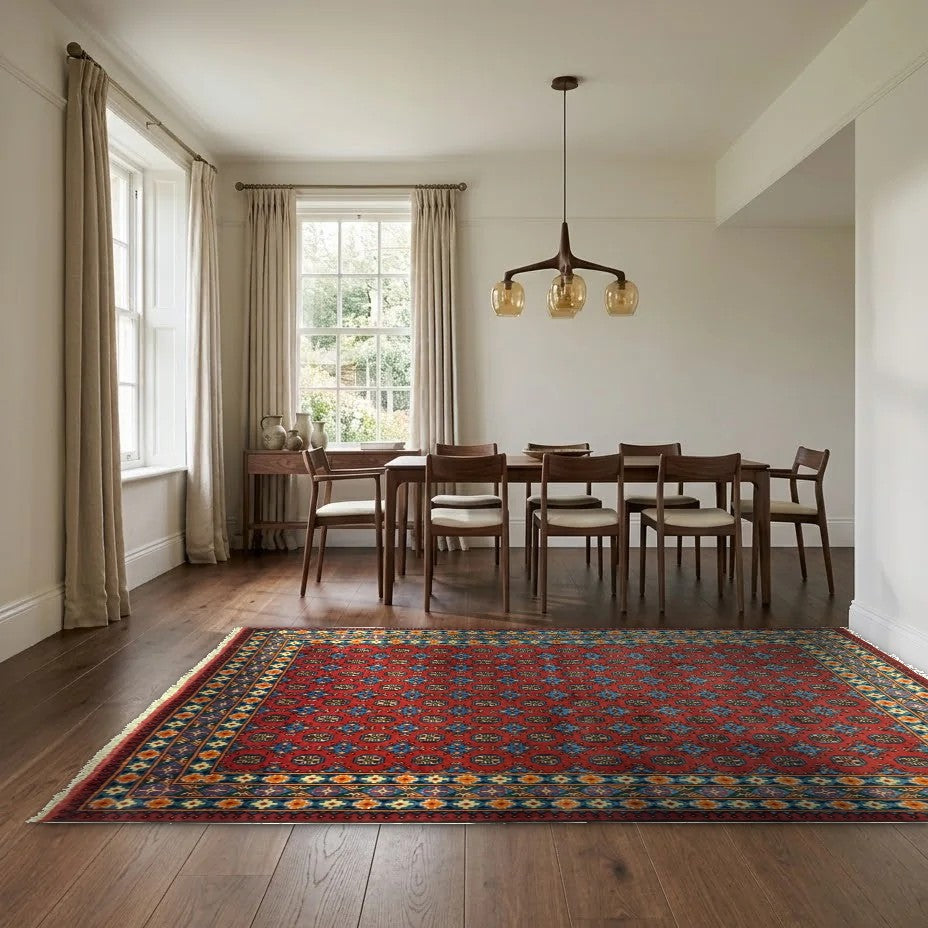 Room view: the rug on the floor of a furnished room, shown at its real size