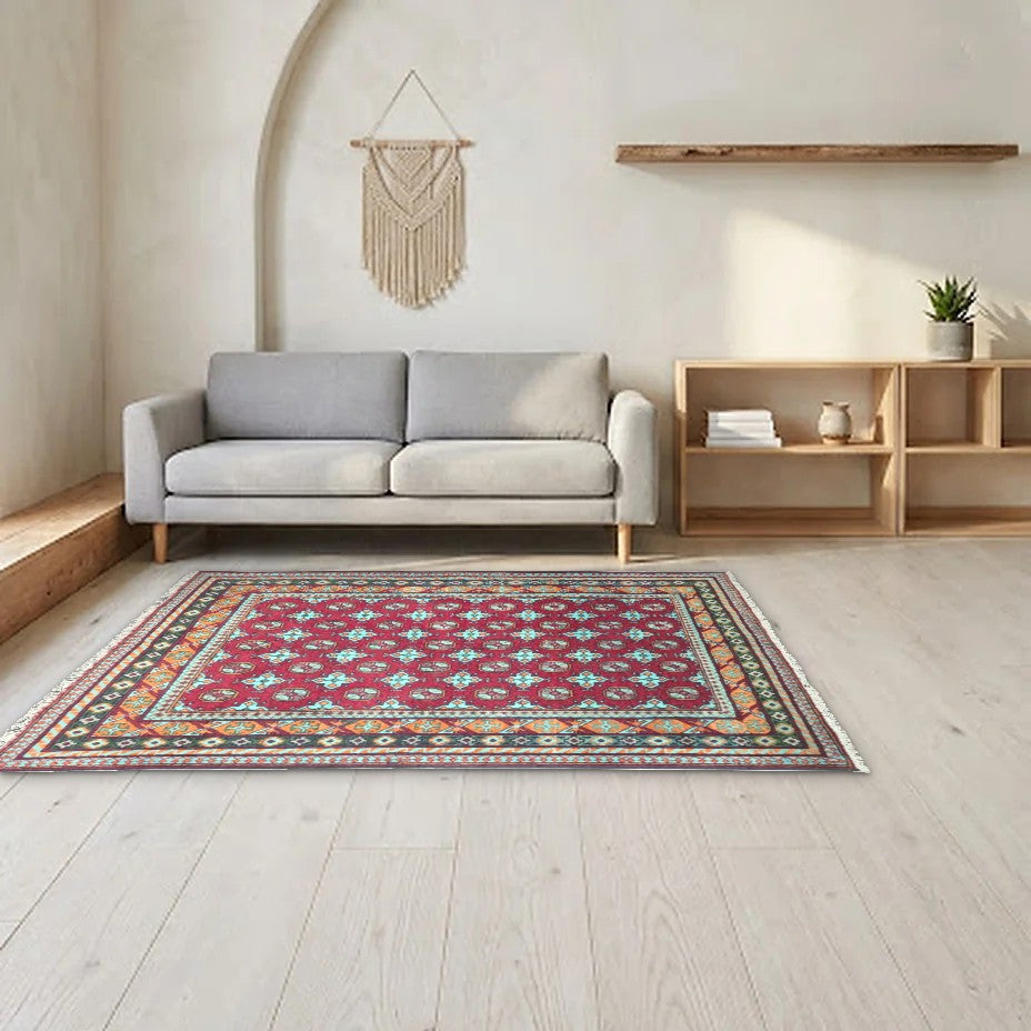 Room view: the rug on the floor of a furnished room, shown at its real size