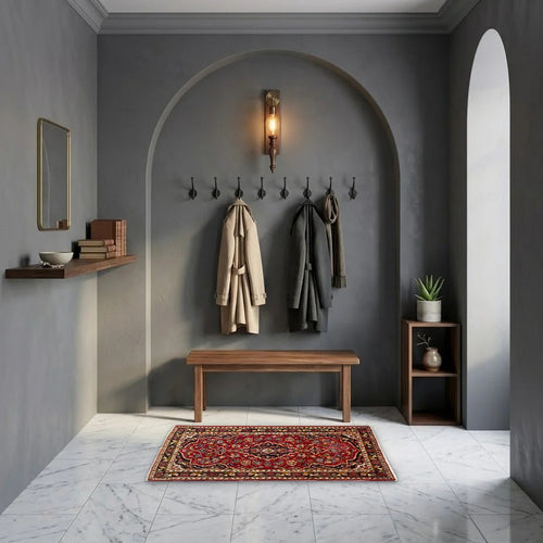 Room view: the rug on the floor of a furnished room, shown at its real size