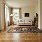Room view: the rug on the floor of a furnished room, shown at its real size