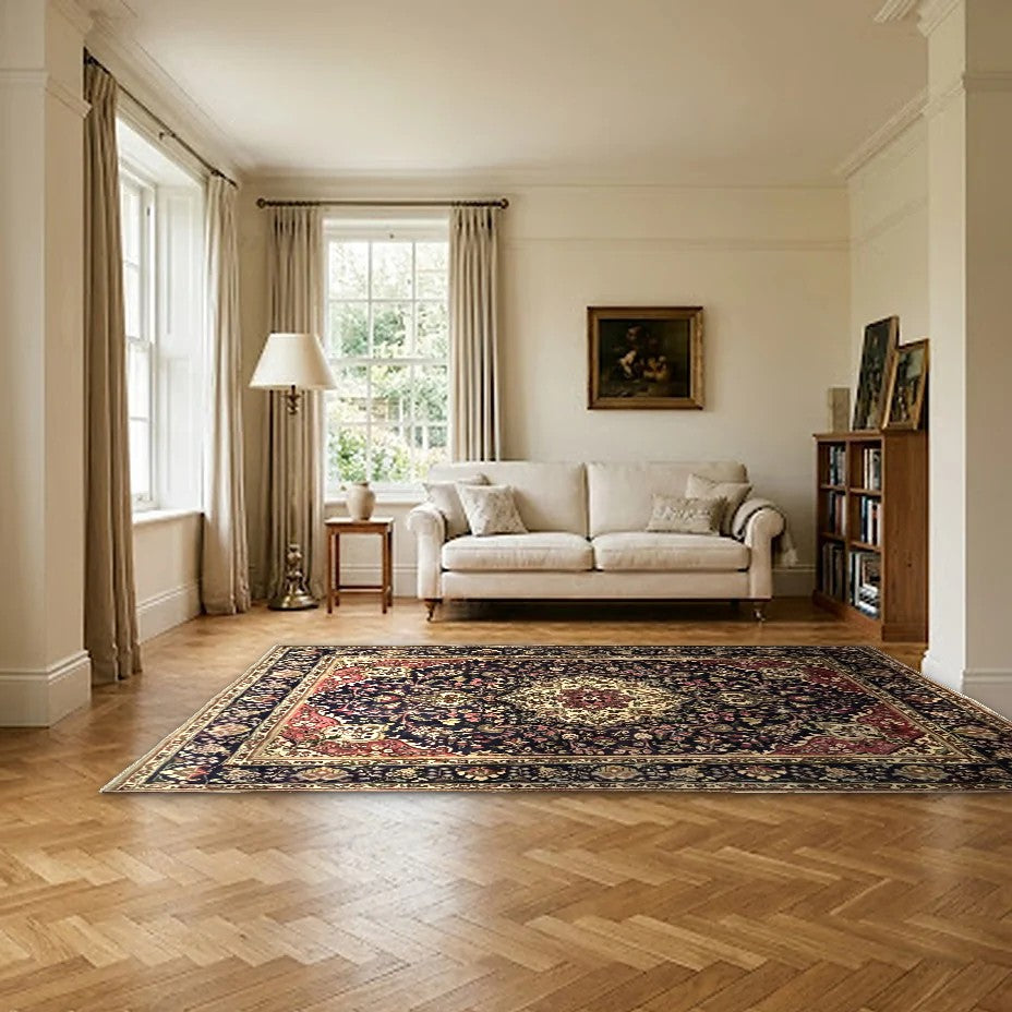 Room view: the rug on the floor of a furnished room, shown at its real size