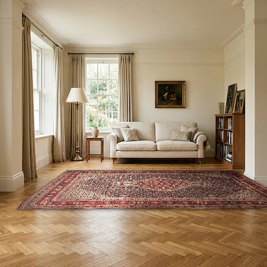 Room view: the rug on the floor of a furnished room, shown at its real size