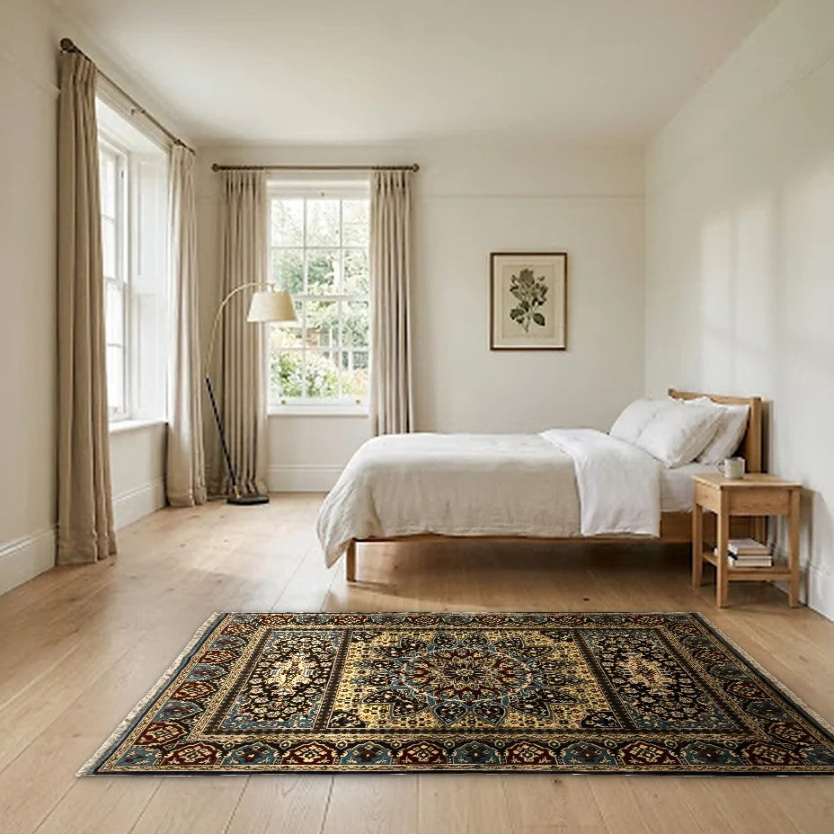 Room view: the rug on the floor of a furnished room, shown at its real size