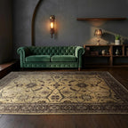 Room view: the rug on the floor of a furnished room, shown at its real size