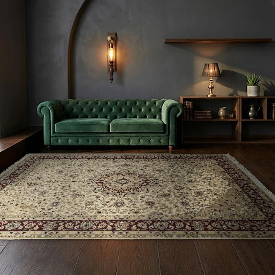 Room view: the rug on the floor of a furnished room, shown at its real size