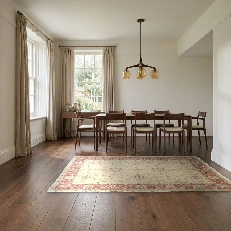 Room view: the rug on the floor of a furnished room, shown at its real size