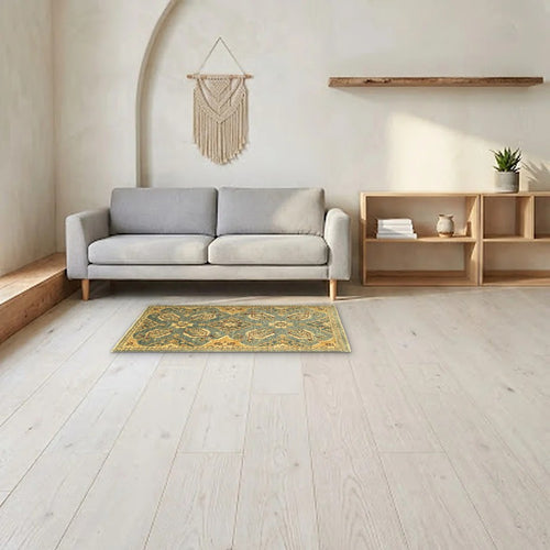 Room view: the rug on the floor of a furnished room, shown at its real size