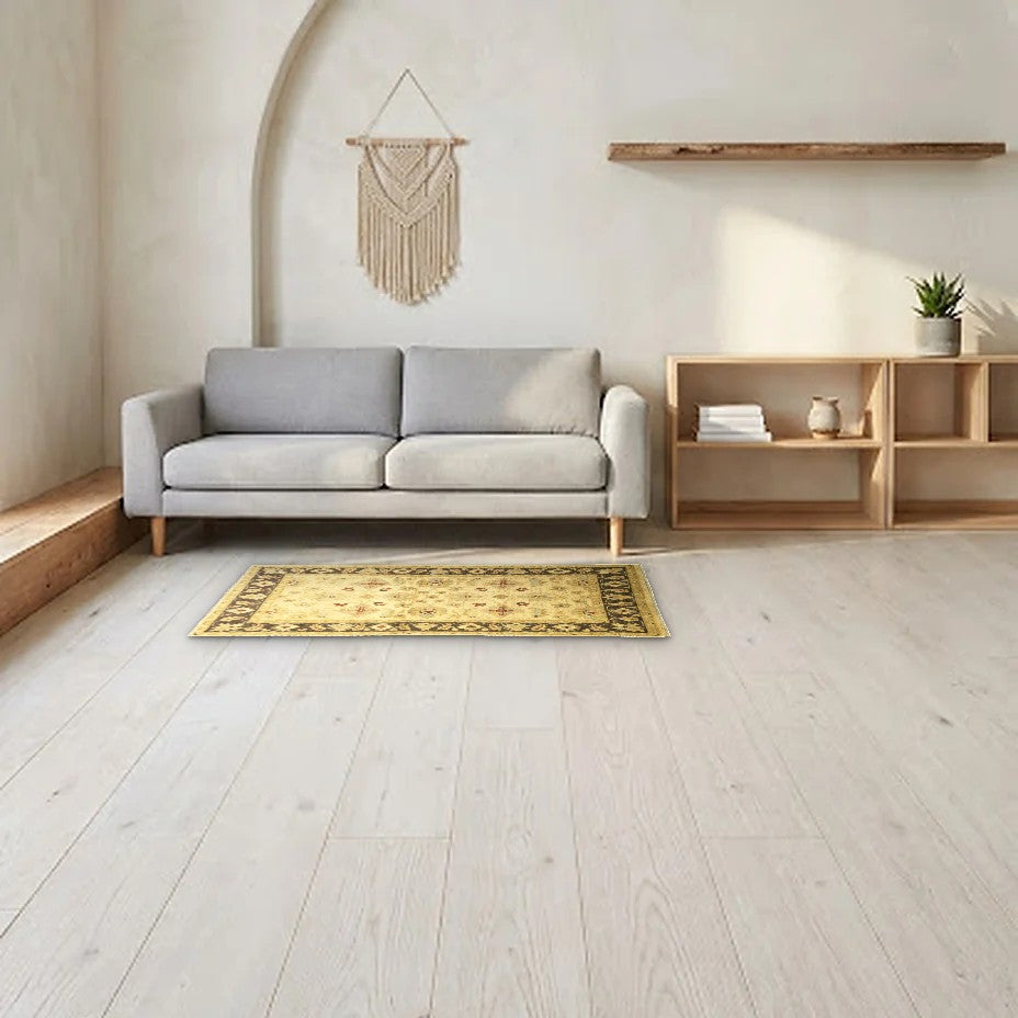 Room view: the rug on the floor of a furnished room, shown at its real size
