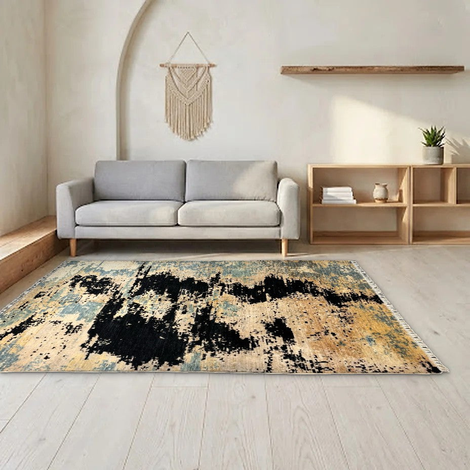 Room view: the rug on the floor of a furnished room, shown at its real size