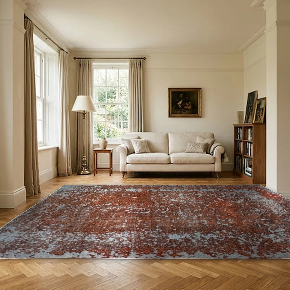 Room view: the rug on the floor of a furnished room, shown at its real size