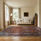 Room view: the rug on the floor of a furnished room, shown at its real size