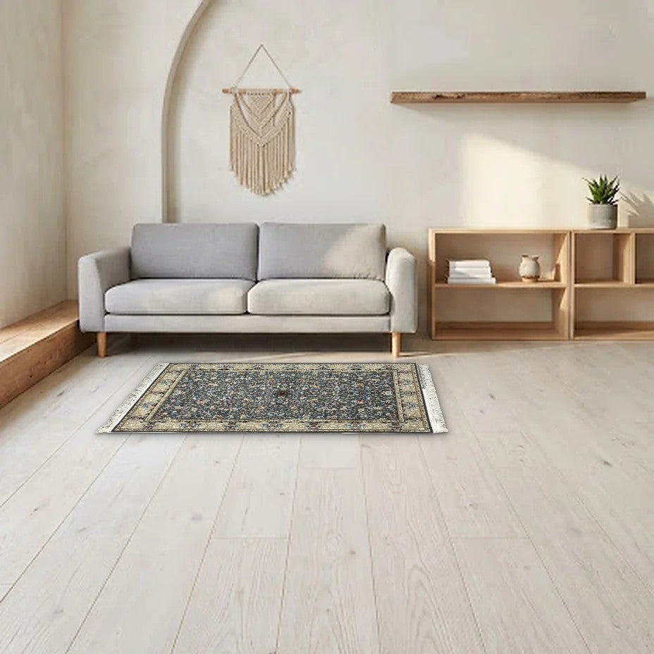 Room view: the rug on the floor of a furnished room, shown at its real size