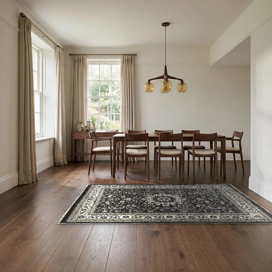 Room view: the rug on the floor of a furnished room, shown at its real size