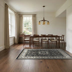 Room view: the rug on the floor of a furnished room, shown at its real size