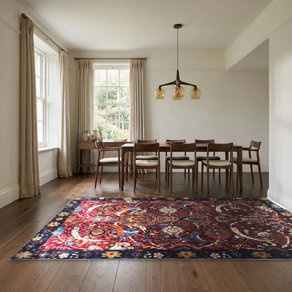 Room view: the rug on the floor of a furnished room, shown at its real size