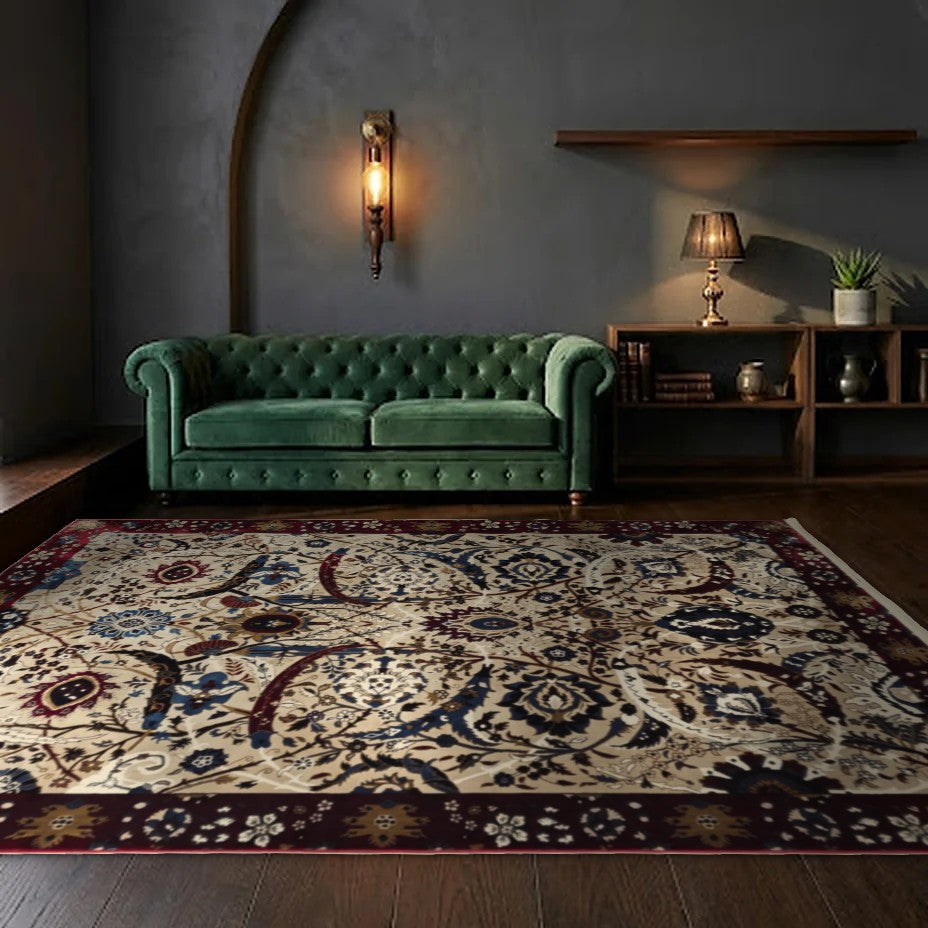 Room view: the rug on the floor of a furnished room, shown at its real size