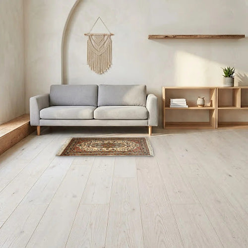 Room view: the rug on the floor of a furnished room, shown at its real size