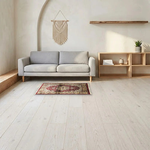 Room view: the rug on the floor of a furnished room, shown at its real size