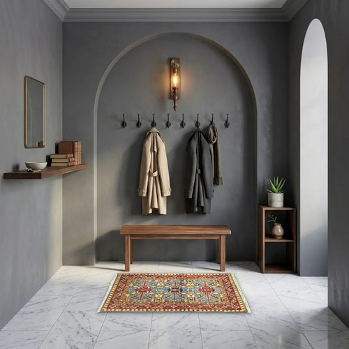 Room view: the rug on the floor of a furnished room, shown at its real size
