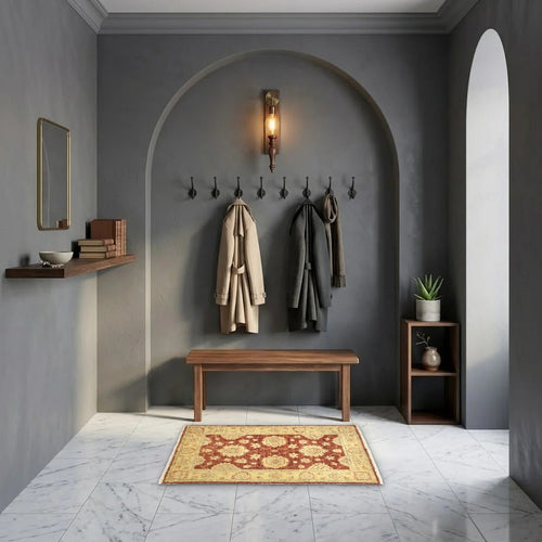 Room view: the rug on the floor of a furnished room, shown at its real size