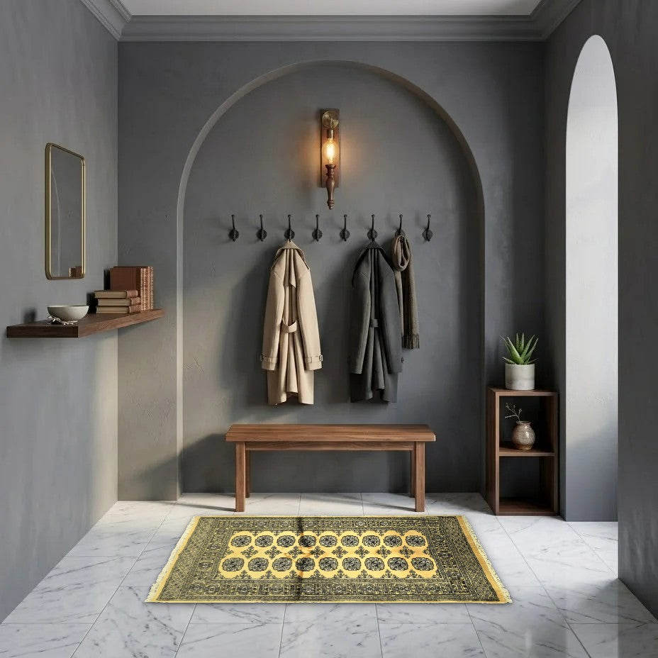 Room view: the rug on the floor of a furnished room, shown at its real size