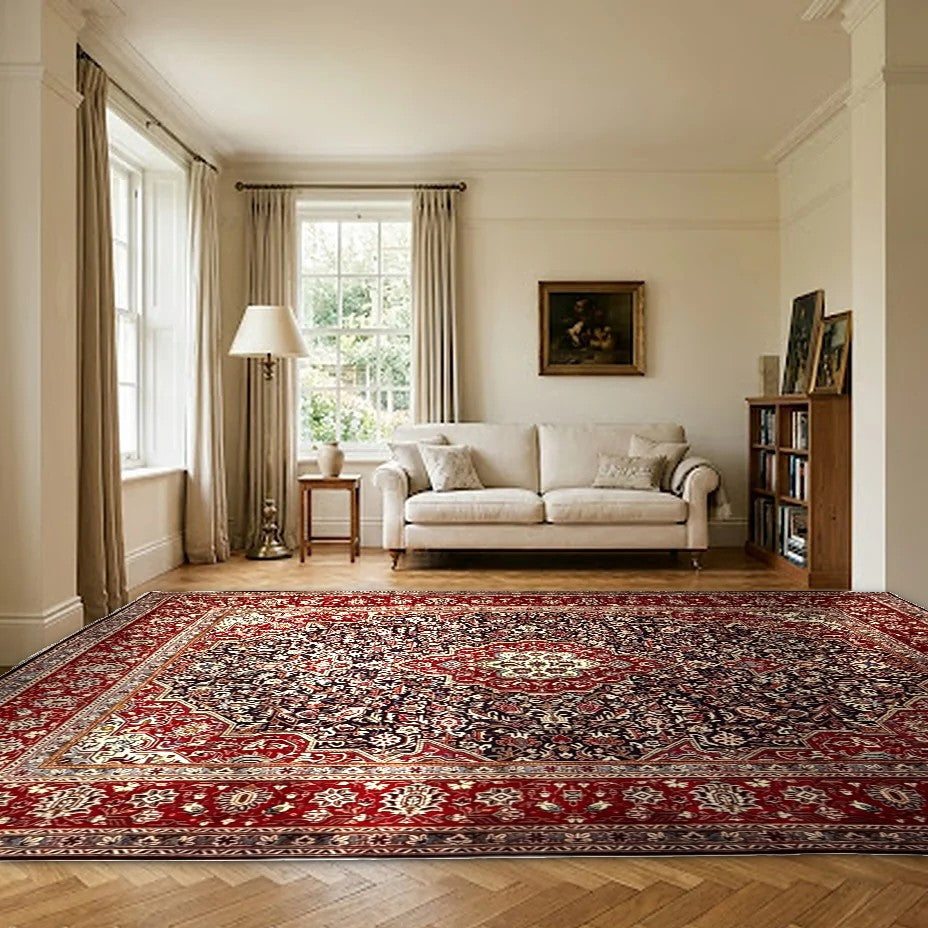 Room view: the rug on the floor of a furnished room, shown at its real size