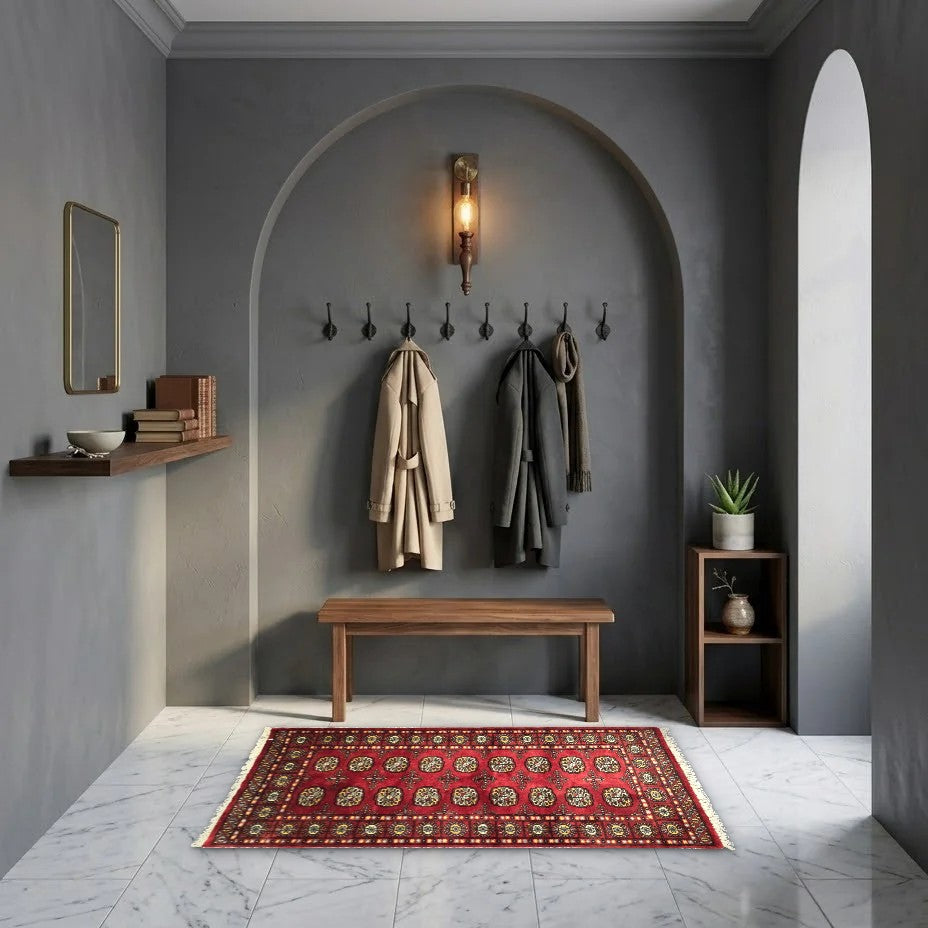 Room view: the rug on the floor of a furnished room, shown at its real size