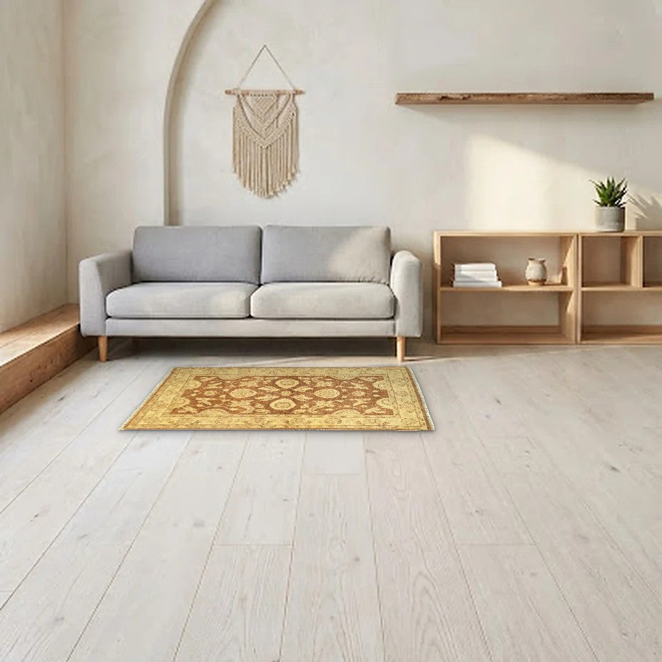 Room view: the rug on the floor of a furnished room, shown at its real size