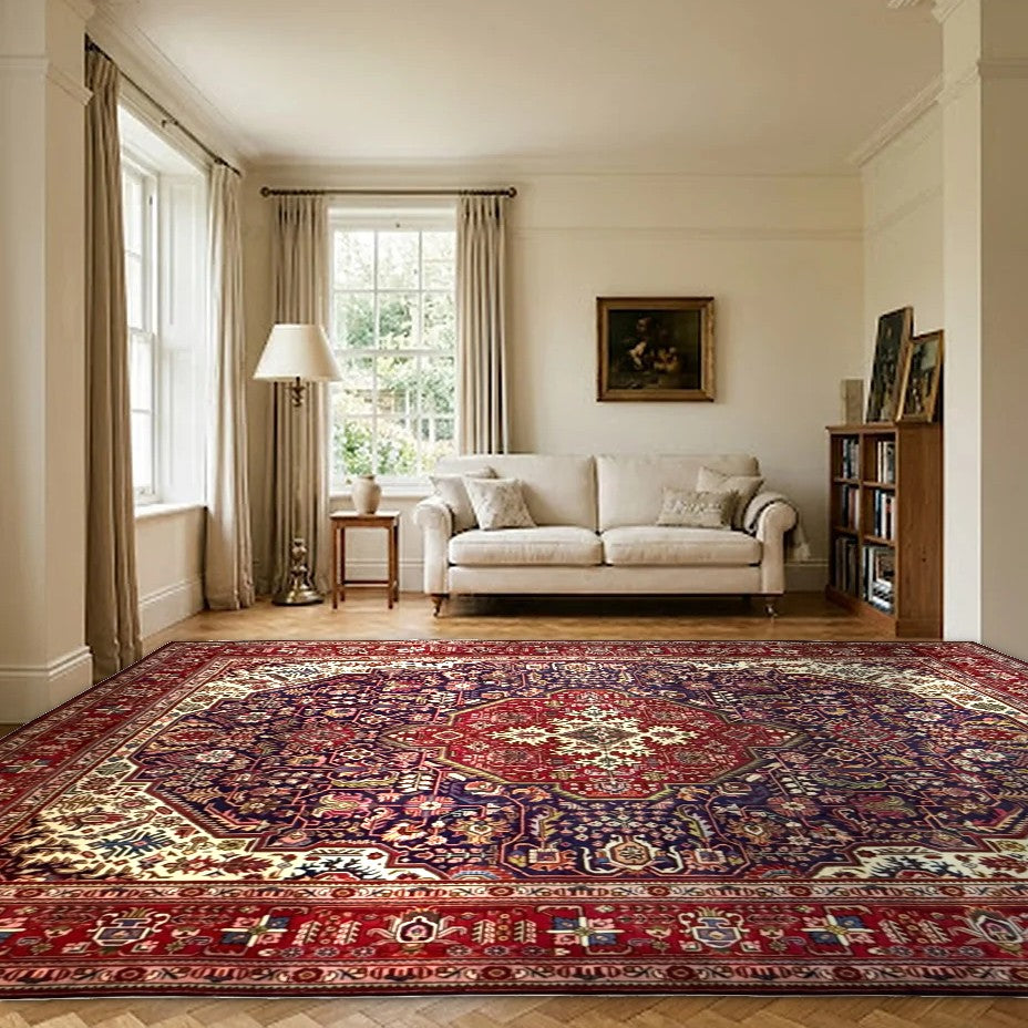 Room view: the rug on the floor of a furnished room, shown at its real size