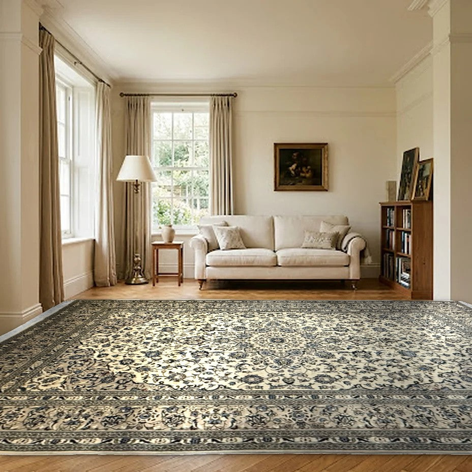 Room view: the rug on the floor of a furnished room, shown at its real size