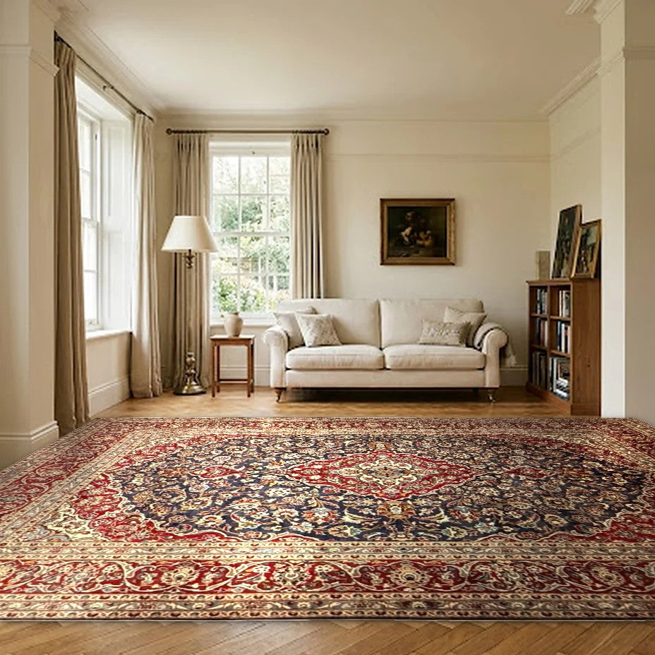 Room view: the rug on the floor of a furnished room, shown at its real size
