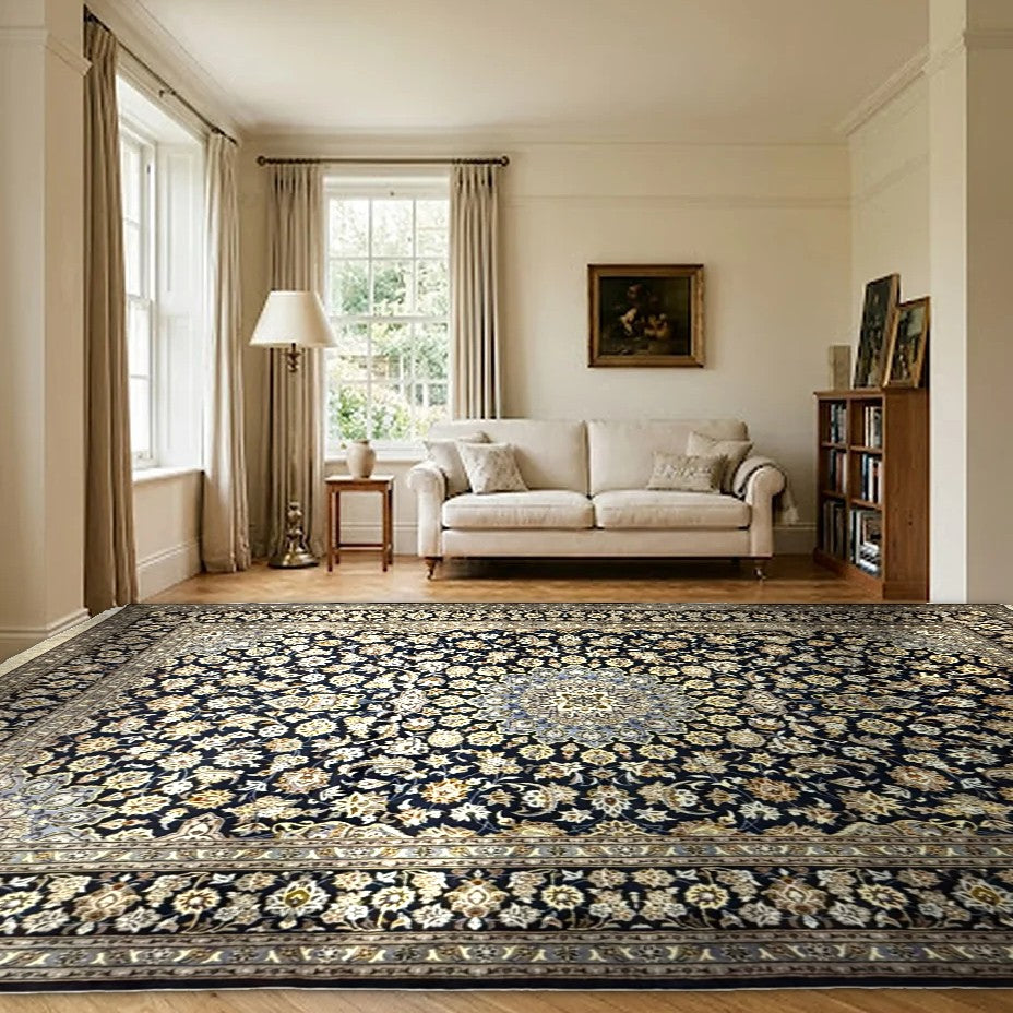 Room view: the rug on the floor of a furnished room, shown at its real size