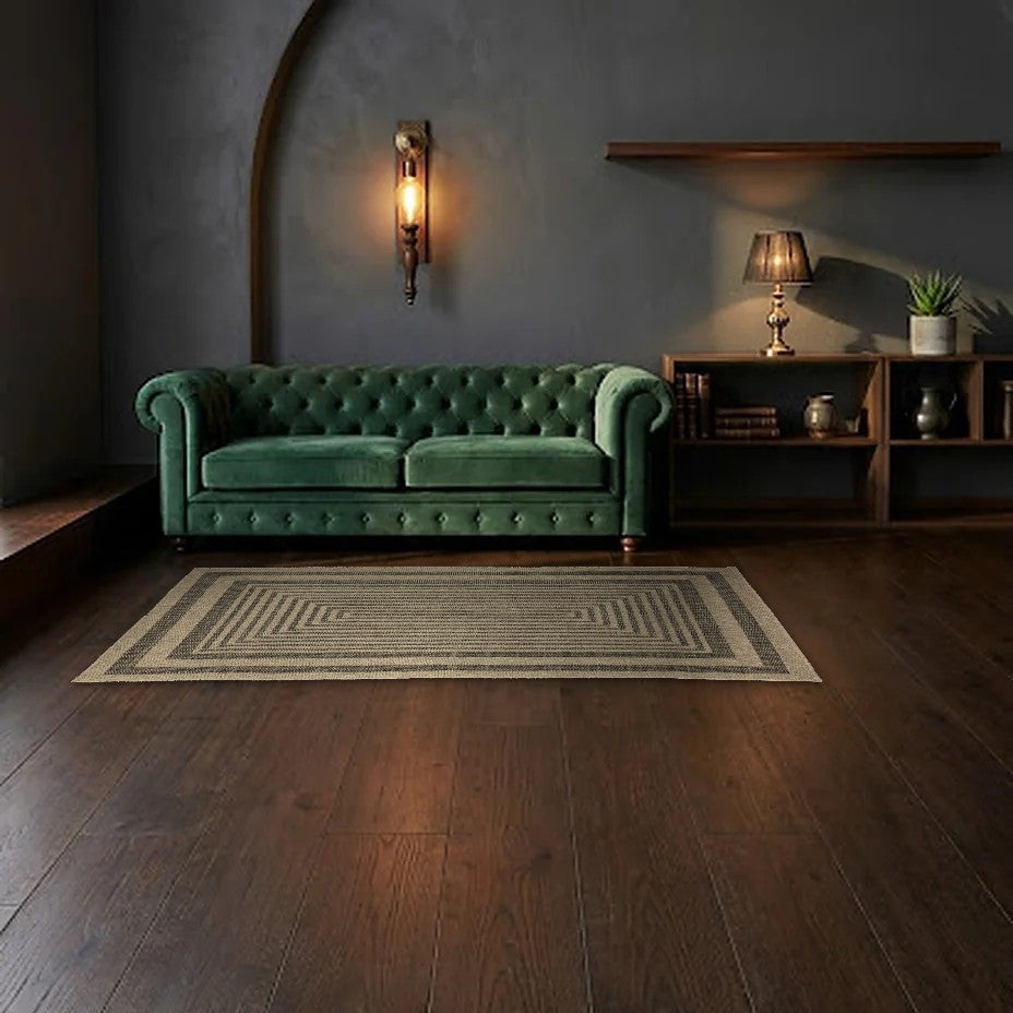 Room view: the rug on the floor of a furnished room, shown at its real size