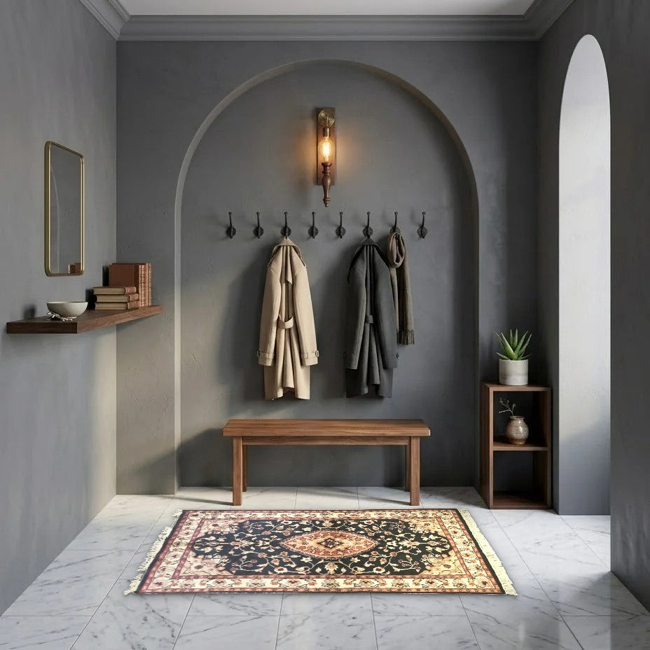 Room view: the rug on the floor of a furnished room, shown at its real size