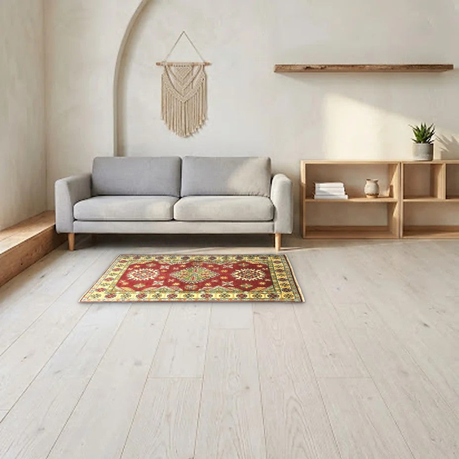 Room view: the rug on the floor of a furnished room, shown at its real size