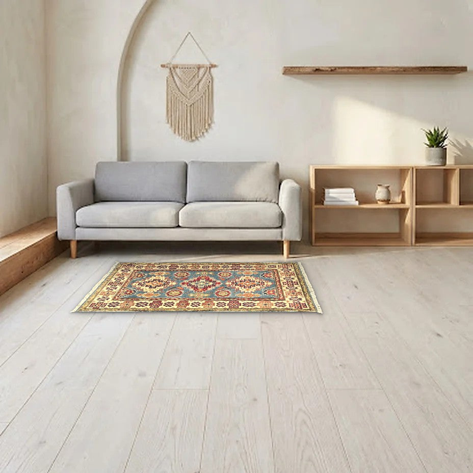 Room view: the rug on the floor of a furnished room, shown at its real size
