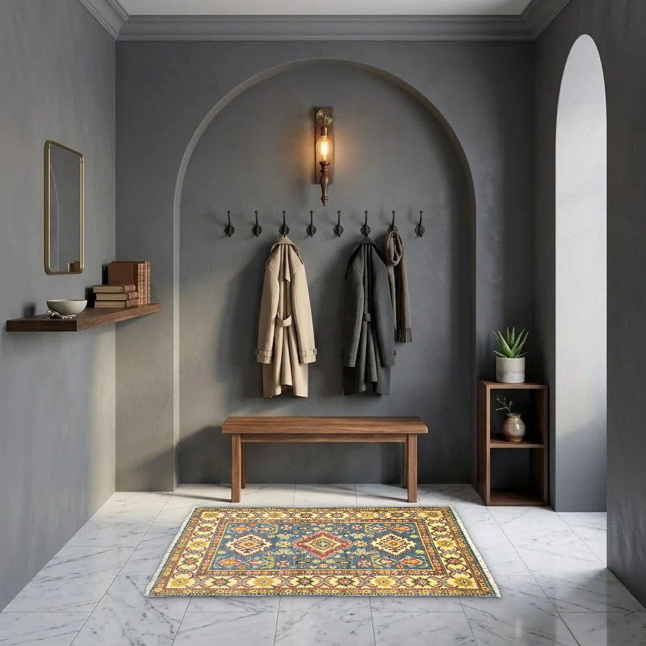 Room view: the rug on the floor of a furnished room, shown at its real size