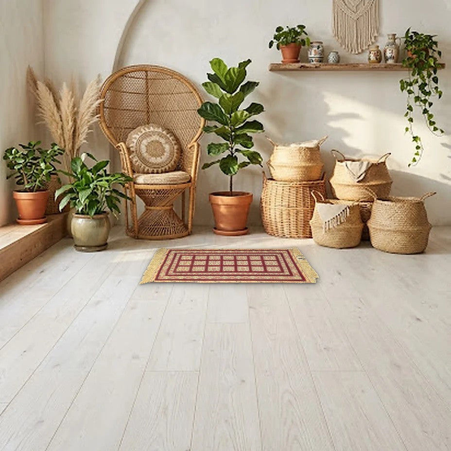 Room view: the rug on the floor of a furnished room, shown at its real size
