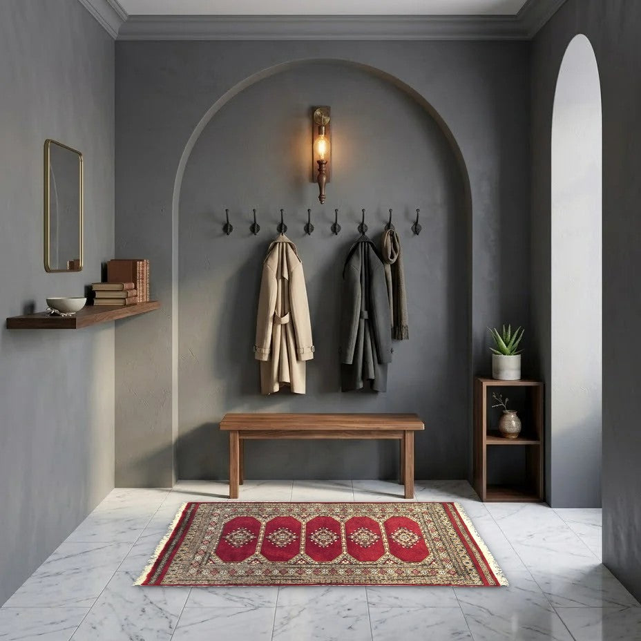 Room view: the rug on the floor of a furnished room, shown at its real size