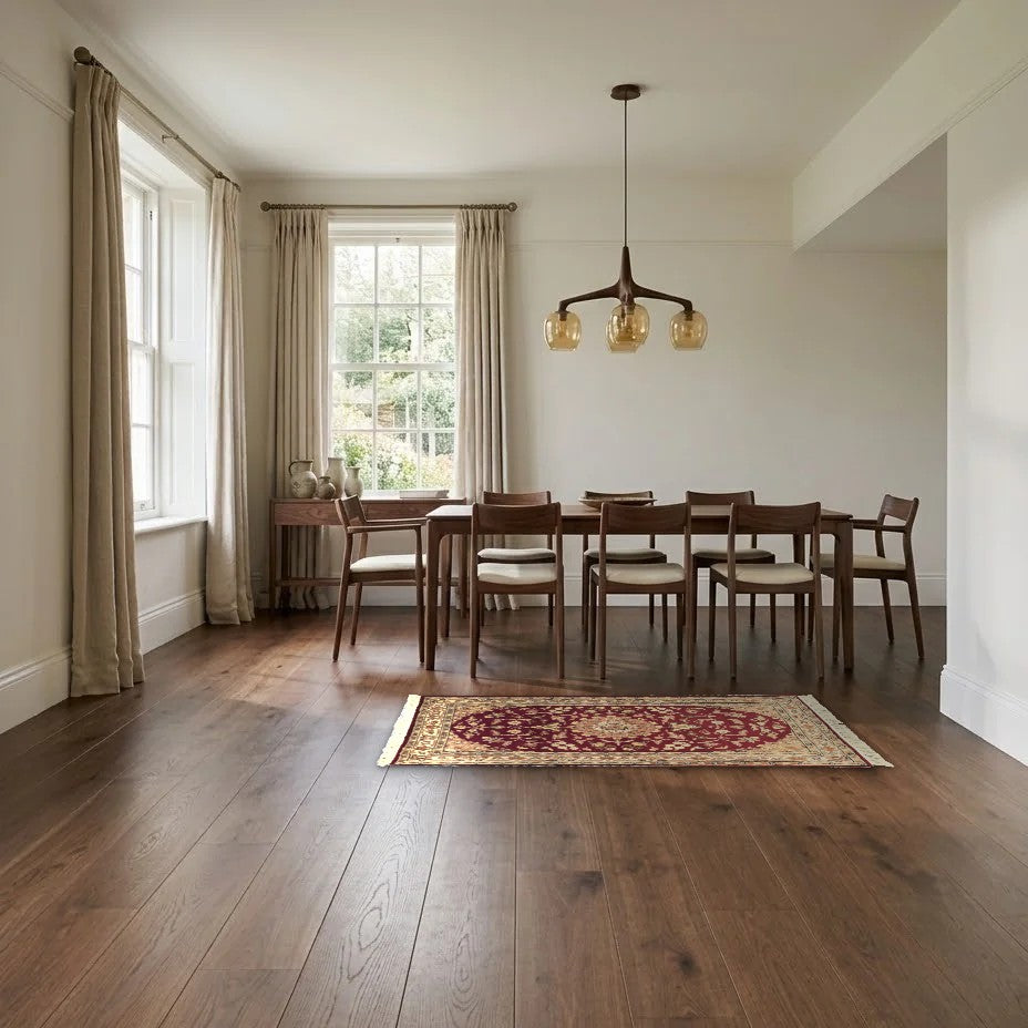 Room view: the rug on the floor of a furnished room, shown at its real size